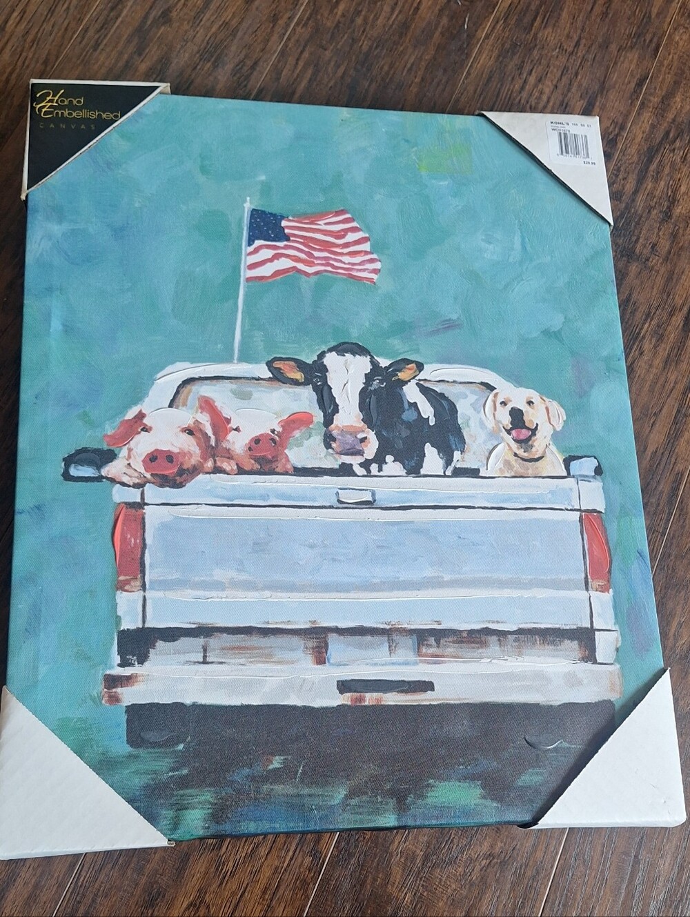 Farm Animals in Pickup Truck Waving American Flag Canvas Art - Teal NEW